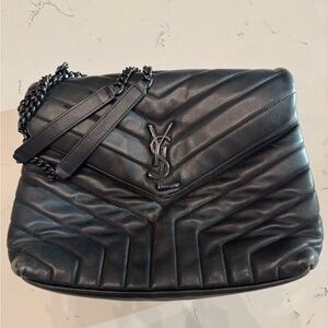 Saint Laurent Black Chevron Quilted Leather Shoulder Bag with Chain Strapsaont
